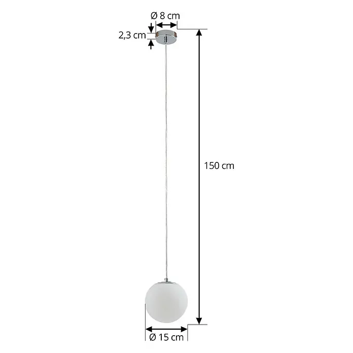 Lucande Pendelleuchte Bidolo - L x B x H: 15 x 15 x 13,5 cm, chromfarben, E14 - Maßzeichnung einer Pendelleuchte mit weißem Kugelglas und Chromdetails. Wichtige Maße sind angegeben.