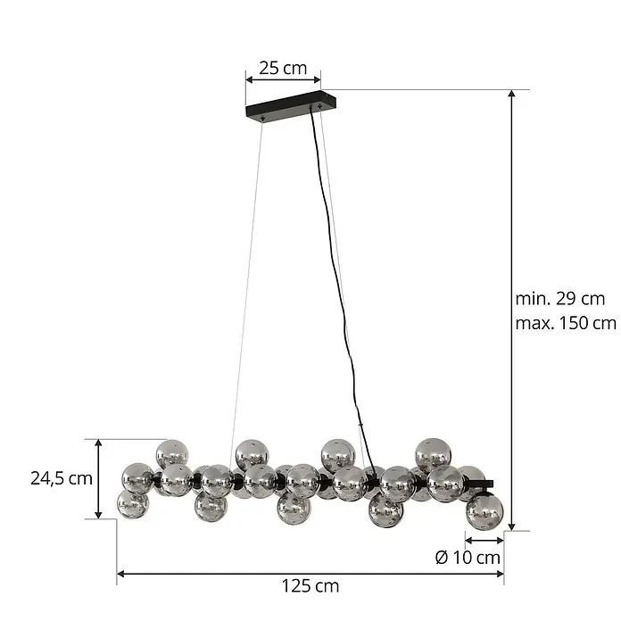 Lucande Pendelleuchte Naelen - alu / grau / zink, Schwarz, rauchgrau, G9 - Moderne Pendelleuchte mit mehreren chromfarbenen Kugelschirmen, aufgehängt an einem schwarzen linearen Rahmen.