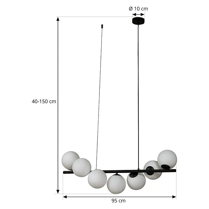Lucande Pendelleuchte Isandro - L x B x H: 95 x 33 x 33 cm, Schwarz matt, opal, G9 - Schwarze moderne Pendelleuchte mit 8 weißen Glaskugeln. Höhenverstellbar (40-150 cm), 95 cm lang.