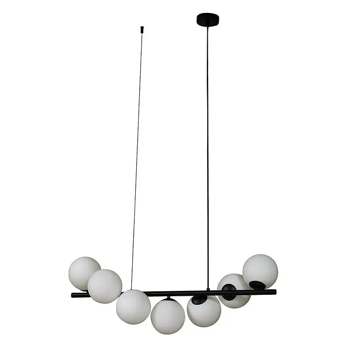 Lucande Pendelleuchte Isandro - L x B x H: 95 x 33 x 33 cm, Schwarz matt, opal, G9 - Moderne schwarze lineare Pendelleuchte mit sieben weißen kugelförmigen Glasschirmen an zwei Drähten.