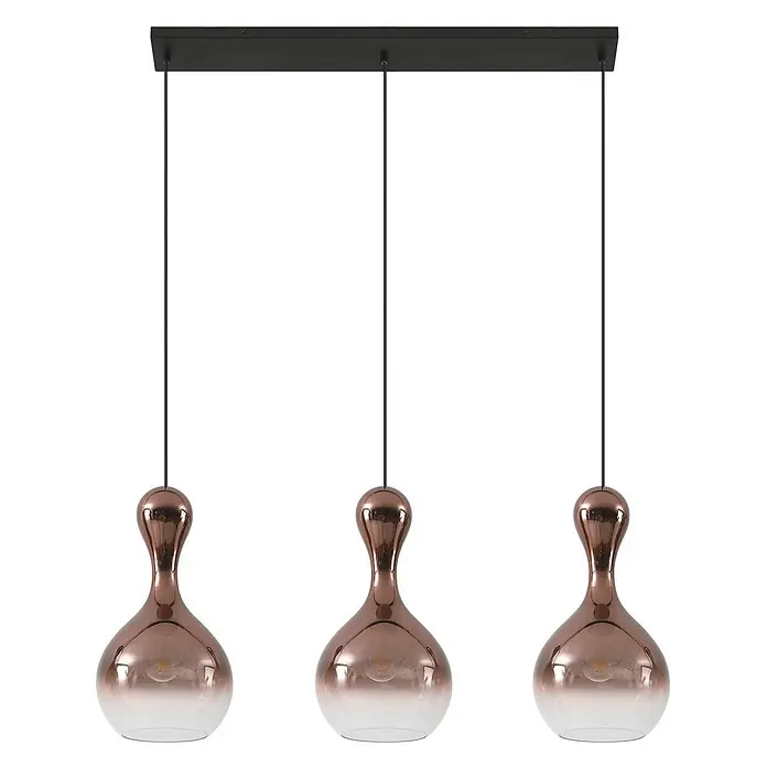 Lucande Pendelleuchte Lyrisa - kupfer, Kupfer, Schwarz, E27 - Drei Pendelleuchten aus roséfarbenem Glas mit schwarzer Aufhängung.