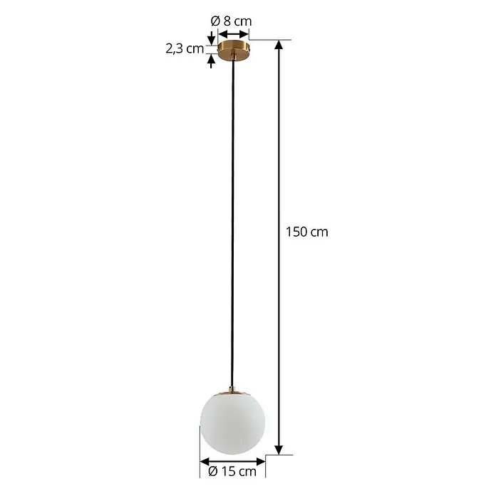 Lucande Pendelleuchte Bidolo - L x B x H: 15 x 15 x 13,5 cm, messingfarben, E14 - Pendelleuchte mit goldfarbenem Baldachin, schwarzem Kabel und weißem kugelförmigen Glasschirm. Gesamtlänge 150 cm, Schirmdurchmesser 15 cm.