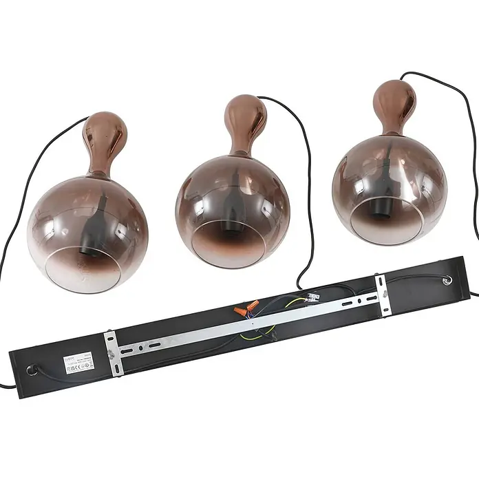 Lucande Pendelleuchte Lyrisa - kupfer, Kupfer, Schwarz, E27 - Dreifache Deckenlampe mit kupferfarbenen, kugelförmigen Glasschirmen und schwarzer Montageschiene.