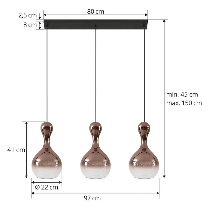 Lucande Pendelleuchte Lyrisa - kupfer, Kupfer, Schwarz, E27 - Dreiflammige Pendelleuchte mit roségoldenen/kupferfarbenen Glasschirmen und schwarzer Deckenleiste. Höhenverstellbar von 45 cm bis 150 cm.