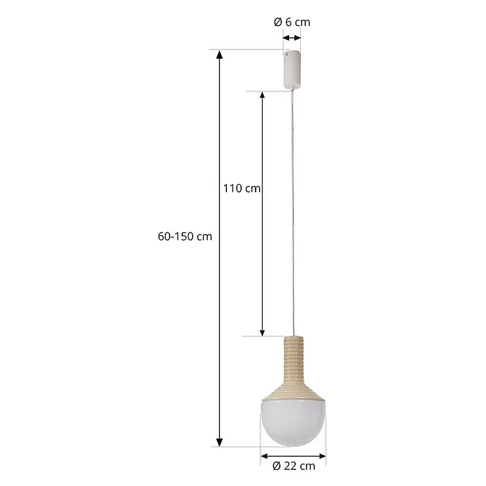 Lucande Pendelleuchte Florine - creme / amber, beige, opal, E27 - Verstellbare Pendelleuchte mit beigem Rippenaufsatz und weißem Kugelschirm. Höhe 60-150 cm, Ø 22 cm Schirm.