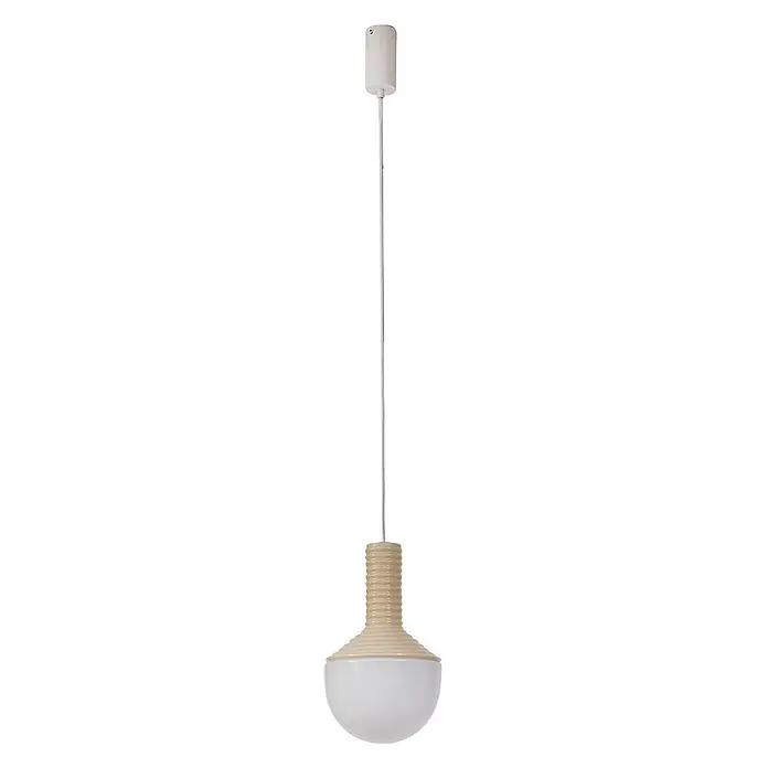 Lucande Pendelleuchte Florine - creme / amber, beige, opal, E27 - Beige gerippte Pendelleuchte mit weißem Kugeldiffusor, von einer weißen Deckenrosette hängend.