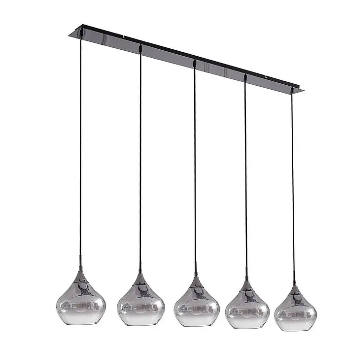 Lucande Pendelleuchte Jarven - alu / grau / zink, rauchgrau, Schwarz, E27 - Lineare Pendelleuchte mit fünf verchromten Glasschirmen, aufgehängt an einer rechteckigen Leiste.