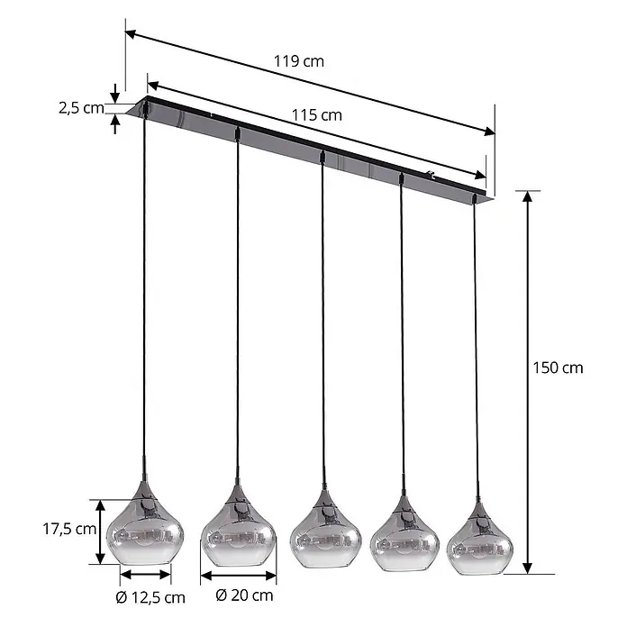 Lucande Pendelleuchte Jarven - alu / grau / zink, rauchgrau, Schwarz, E27 - Fünfflammige Pendelleuchte mit reflektierenden, glockenförmigen Glasschirmen an einer schwarzen linearen Schiene.