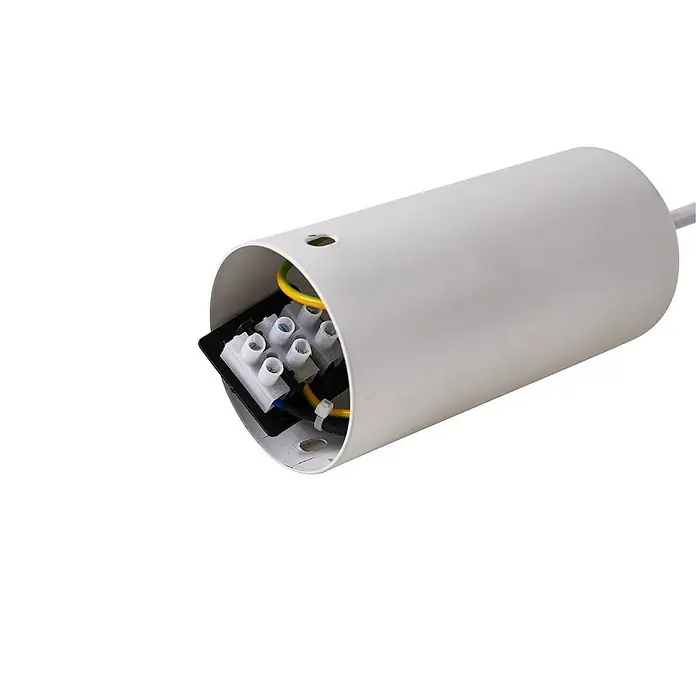 Lucande Pendelleuchte Florine - creme / amber, beige, opal, E27 - Weißes zylindrisches Gehäuse mit sichtbarer elektrischer Klemmenleiste und angeschlossenen Kabeln.