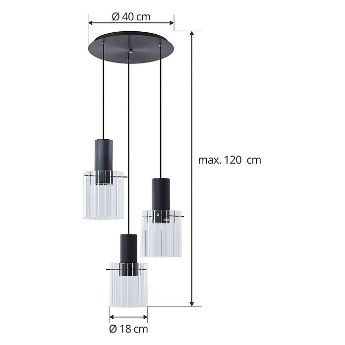 Lucande Pendelleuchte in transparent, schwarz, Hängelampe -  - Moderne dreiflammige Pendelleuchte mit schwarzen Metalldetails und klaren geriffelten Glasschirmen.