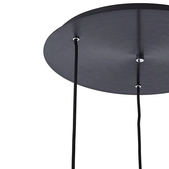 Lucande Pendelleuchte in transparent, schwarz, Hängelampe -  - Runde Deckenrosette aus dunklem, gebürstetem Metall mit zwei schwarzen Textilkabeln.