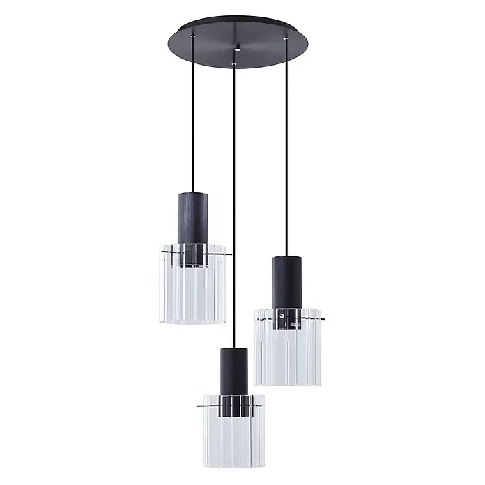 Lucande Pendelleuchte in transparent, schwarz, Hängelampe -  - Dreifach-Pendelleuchte, schwarze Metallelemente, klare gerippte Glasschirme.