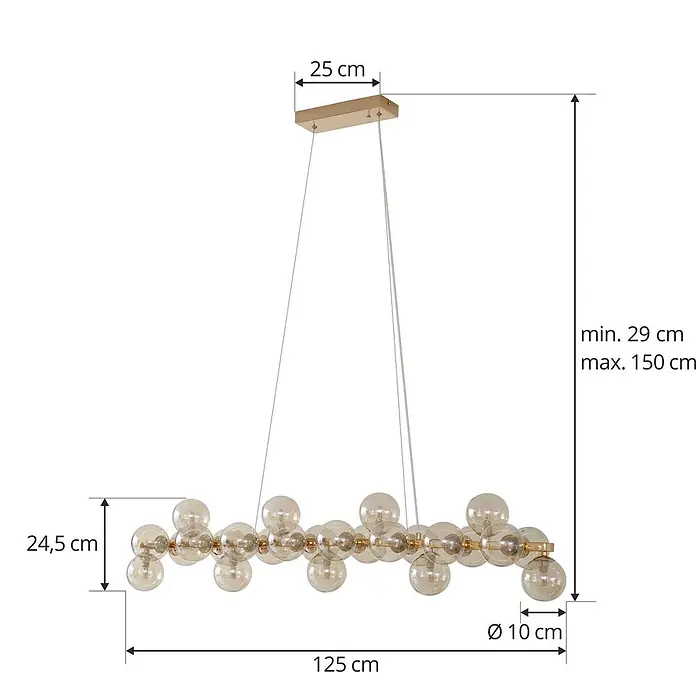 Lucande Pendelleuchte Naelen - L x B x H: 125 x 24,5 x 20 cm, creme / amber, gold, cognac, G9 - Maßzeichnung einer goldenen linearen Hängelampe mit klaren Glaskugeln, 125 cm lang und höhenverstellbar von 29 bis 150 cm.