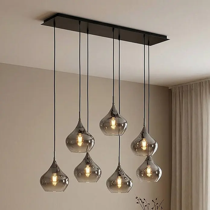 Lucande Pendelleuchte Jarven - alu / grau / zink, rauchgrau, Schwarz, E27 - Deckenleuchte mit schwarzem Sockel und Rauchglas-Pendelleuchten, jede mit warmer Glühbirne.