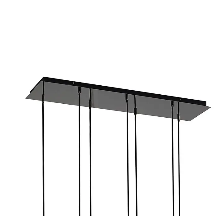 Lucande Pendelleuchte Jarven - alu / grau / zink, rauchgrau, Schwarz, E27 - Schwarze rechteckige Deckenrosette mit mehreren schwarzen Pendelleuchtenkabeln.