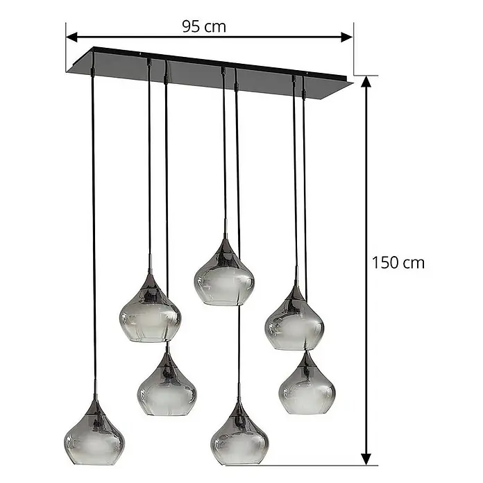 Lucande Pendelleuchte Jarven - alu / grau / zink, rauchgrau, Schwarz, E27 - Schwarze Deckenplatte mit sechs Hängelampen mit Rauchglas-Schirmen, 95 cm lang, 150 cm Gesamthöhe.