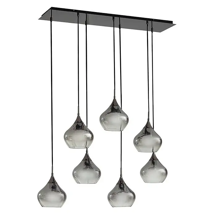 Lucande Pendelleuchte Jarven - alu / grau / zink, rauchgrau, Schwarz, E27 - Sieben moderne Pendelleuchten mit Rauchglas-Tropfenschirmen und schwarzen Kabeln, hängend von einer linearen dunklen Metallbasis.