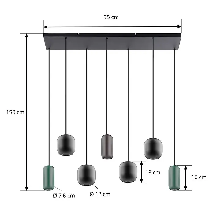 Lucande Pendelleuchte in schwarz, bunt, Hängelampe -  - Schwarze 6-flammige Pendelleuchte mit rechteckiger Baldachin und dunkelgrauen/grünen Schirmen. Maße: 95 cm Länge, 150 cm Abhängung.