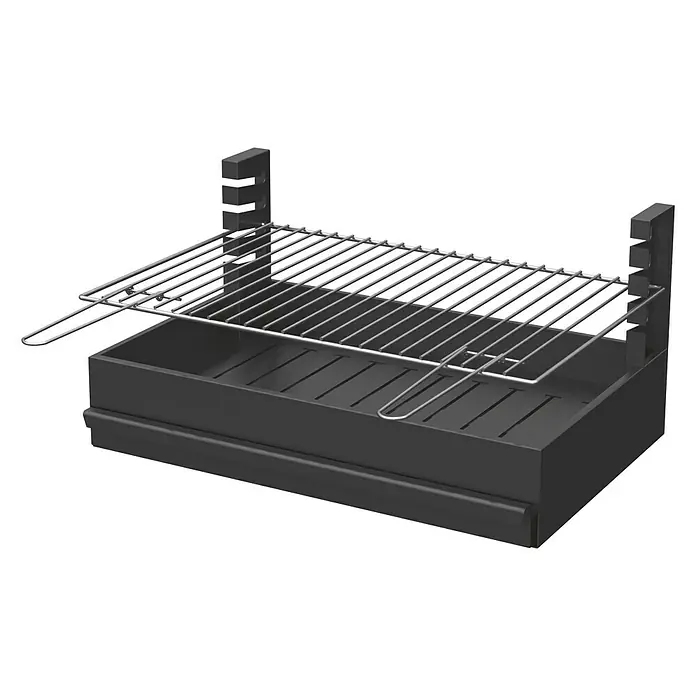 Collippo Cajón para barbacoa Viana - L x An: 50 x 86 cm - Vista del producto de la parrilla, que descansa sobre una base oscura con ranuras y soportes laterales para ajustar la altura.