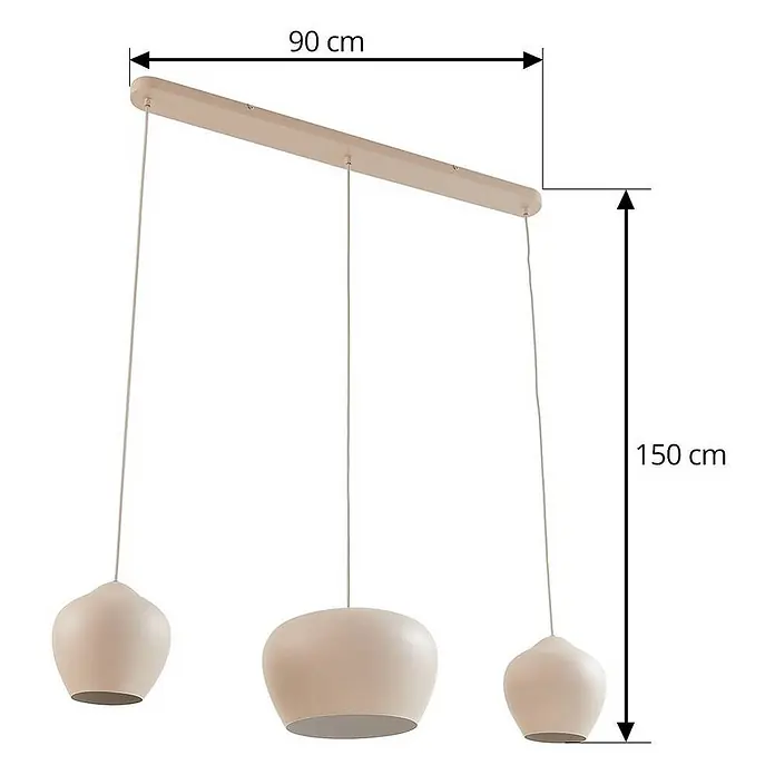Lucande Pendelleuchte Malisa - L x B x H: 101,5 x 30 x 20 cm, creme / amber, beige, weiß, E27 - Cremefarbene Dreifach-Hängeleuchte mit runden Schirmen an einer 90 cm Stange, 150 cm Gesamthöhe.