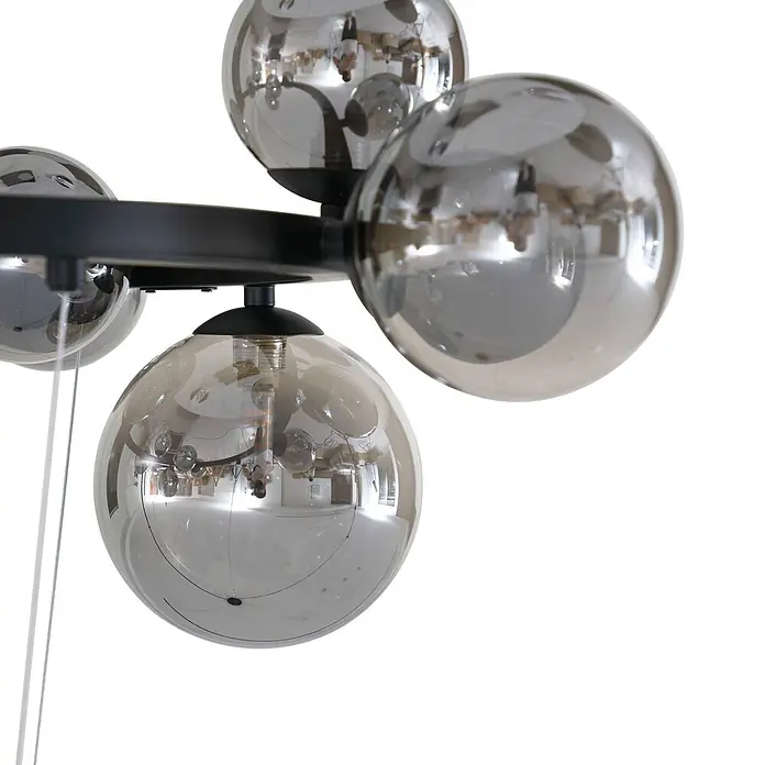 Lucande Pendelleuchte Naelen - L x B x H: 64,3 x 52,8 x 120 cm, alu / grau / zink, Schwarz, rauchgrau, G9 - Moderne Pendelleuchte mit schwarzem Gestell und mehreren kugelförmigen Rauchglas-Schirmen.