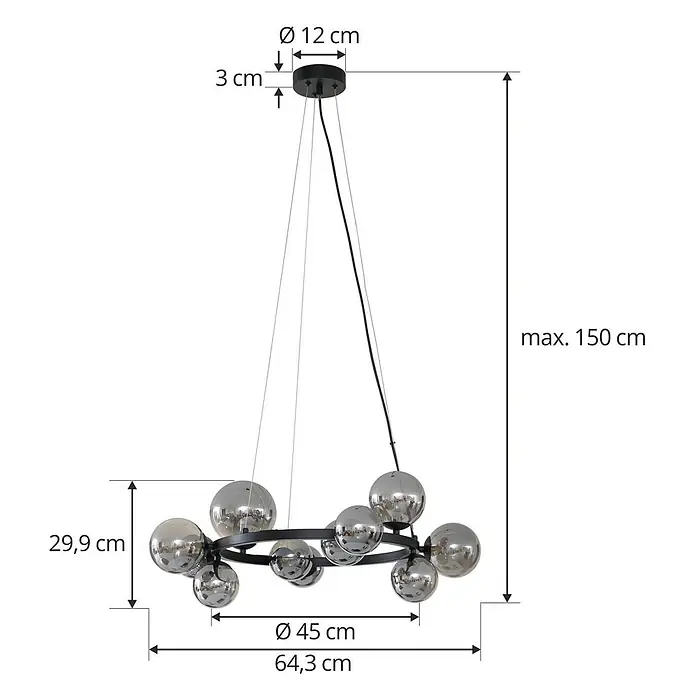 Lucande Pendelleuchte Naelen - L x B x H: 64,3 x 52,8 x 120 cm, alu / grau / zink, Schwarz, rauchgrau, G9 - Schwarze Metall-Hängeleuchte mit chromfarbenen Kugelschirmen, max. 150 cm lang, Körper Ø 45 cm.