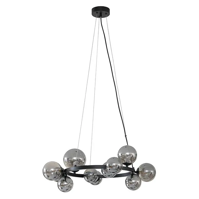 Lucande Pendelleuchte Naelen - L x B x H: 64,3 x 52,8 x 120 cm, alu / grau / zink, Schwarz, rauchgrau, G9 - Modernes schwarzes Hängelicht mit einem runden Rahmen und mehreren metallischen Kugelleuchten.