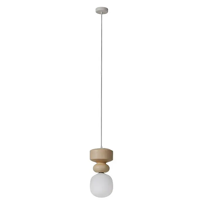 Lucande Pendelleuchte Fidelo - weiß / opal, weiß, gelb (Pantone 13-1308TXC), E14 - Moderne Pendelleuchte in Beige und Weiß mit Holzkörper und kugelförmigem Glasschirm.