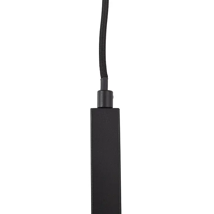 Lucande Pendelleuchte Lysias - schwarz, Schwarz, GU10 - Schwarzes textilummanteltes Kabel, das an ein rechteckiges schwarzes Metallobjekt angeschlossen ist.