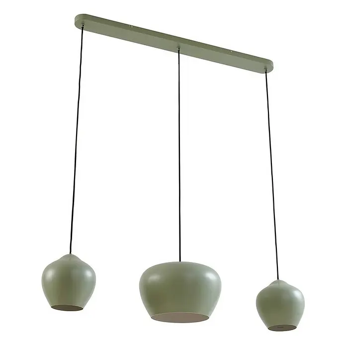 Lucande Pendelleuchte Malisa - L x B x H: 101,5 x 30 x 20 cm, grün, hellGrün, weiß, E27 - Salbeigrüne dreiflammige Pendelleuchte mit unterschiedlich großen Metallschirmen, die von einer rechteckigen Stange hängen.