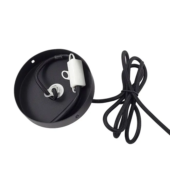 Lucande Pendelleuchte Lysias - schwarz, Schwarz, GU10 - Schwarze Metall-Deckenrosette für eine Leuchte, mit weißer Zugentlastung und Klemmenblock, sowie geflochtenem schwarzem Kabel.
