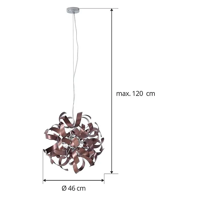 Lucande Pendelleuchte Kaelor - L x B x H: 46 x 46 x 46 cm, kupfer, satin Kupfer, G9 - Bronze-farbene Pendelleuchte aus Metallstreifen mit Chrom-Baldachin, max. 120 cm Höhe, Ø 46 cm.