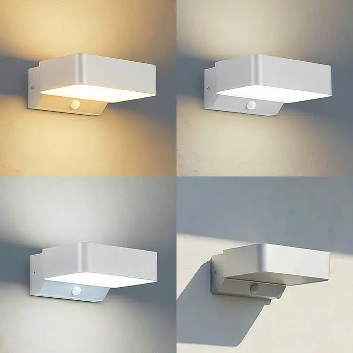 Lindby Außenwandleuchte Fando - 14,7 x 22,5 x 8,8 cm, alu / grau / zink, IP44 - Weiße rechteckige Wandleuchte mit Bewegungssensor, zeigt warmes und kühles Licht.