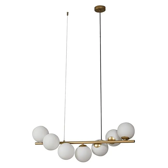 Lucande Pendelleuchte Isandro - L x B x H: 95 x 33 x 33 cm, gold matt, opal, G9 - Moderne goldfarbene Pendelleuchte mit horizontaler Stange und weißen kugelförmigen Glasschirmen.