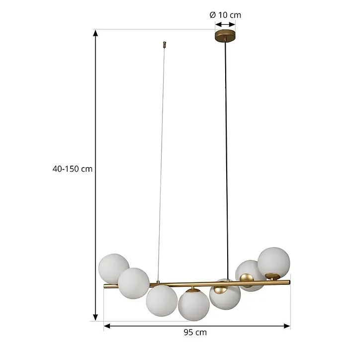 Lucande Pendelleuchte Isandro - L x B x H: 95 x 33 x 33 cm, gold matt, opal, G9 - Goldfarbene lineare Deckenleuchte mit acht weißen Kugelgläsern und verstellbarer Höhe.