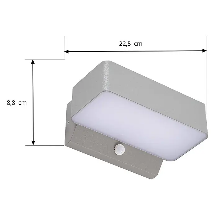Lindby Außenwandleuchte Fando - 14,7 x 22,5 x 8,8 cm, alu / grau / zink, IP44 - Graue rechteckige Außenwandleuchte mit weißem Diffusor und integriertem Bewegungssensor. Maße 22,5 cm breit, 8,8 cm hoch.
