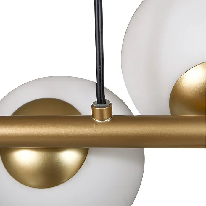 Lucande Pendelleuchte Isandro - L x B x H: 95 x 33 x 33 cm, gold matt, opal, G9 - Moderne goldene Pendelleuchte mit weißen Kugel-Diffusoren und schwarzem Kabelanschluss.