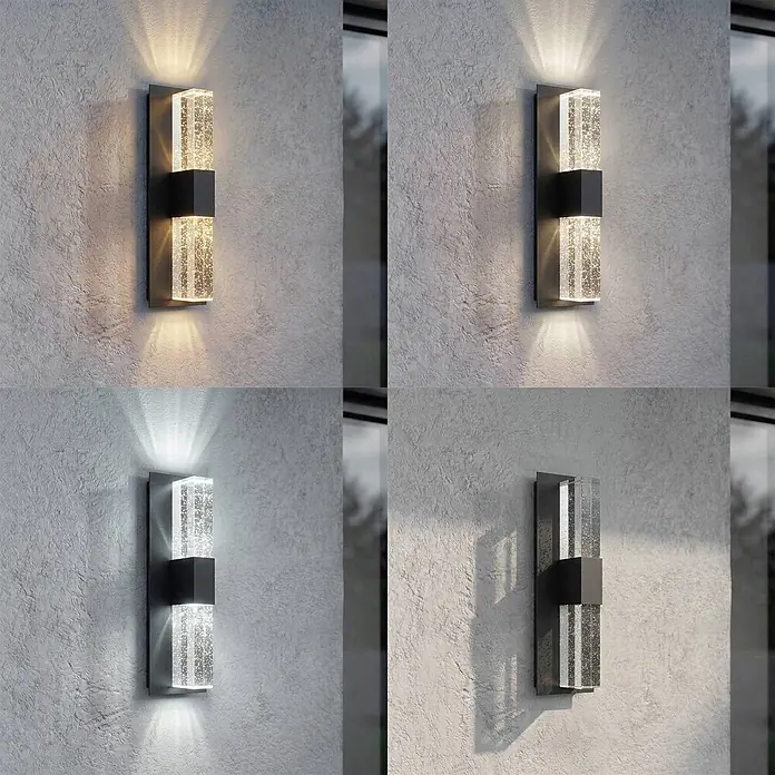 Lucande LED Wandleuchte aussen in anthrazit, transparent, Aussenlampe Wand -  - Schwarze Außenwandleuchte mit zwei klaren, blasengefüllten rechteckigen Diffusoren, die warmes und kühles weißes Licht nach oben und unten abgeben.
