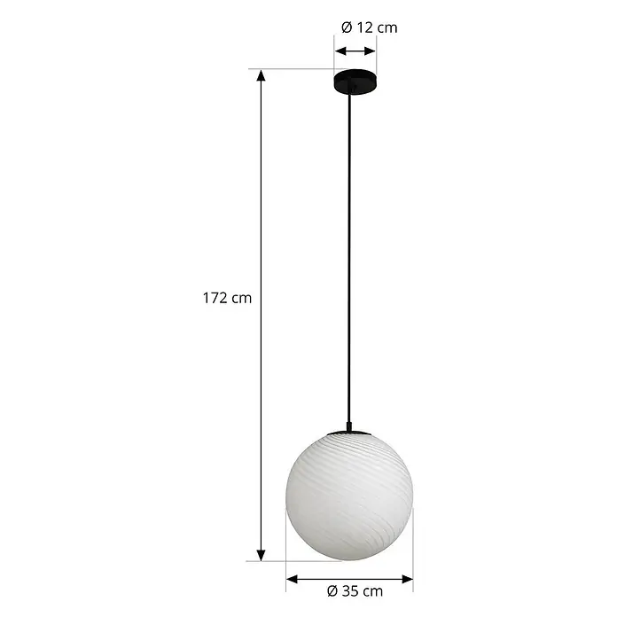 Lucande Pendelleuchte Kestralia - weiß / opal, weiß, Schwarz, E27 - Schwarze Pendelleuchte mit weißem, kugelförmigem Glasschirm, Maße dargestellt.