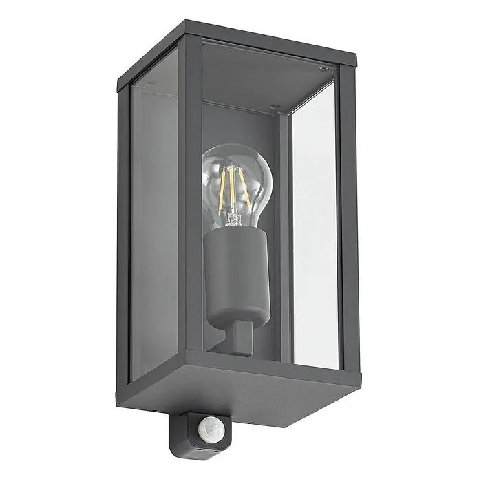 Lindby Außenwandleuchte Peldar - 13,5 x 14 x 29 cm, schwarz, IP44 - Dunkelgraue, rechteckige Außenwandleuchte mit Klarglas, sichtbarer LED-Glühfadenlampe und Bewegungsmelder.
