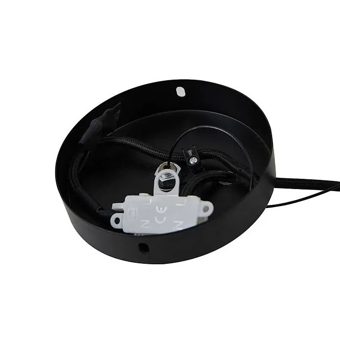 Lucande Pendelleuchte Kestralia - weiß / opal, weiß, Schwarz, E27 - Innenansicht einer schwarzen Metall-Deckenrosette mit Verkabelung und weißer Lüsterklemme für den elektrischen Anschluss.