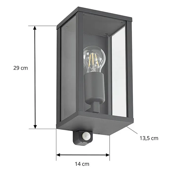 Lindby Außenwandleuchte Peldar - 13,5 x 14 x 29 cm, schwarz, IP44 - Dunkelgraue Außenwandleuchte mit Klarglas, LED-Glühbirne und Bewegungssensor. Maße 29x14x13,5 cm.