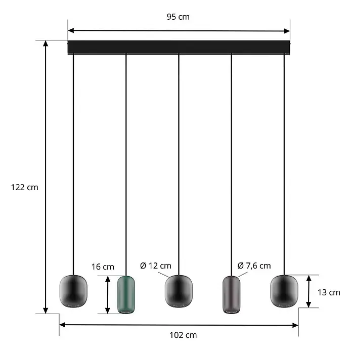 Lucande Pendelleuchte Narion - L x B x H: 102 x 12 x 16 cm, Multicolour, Schwarz matt, dunkelGrün matt, braun matt, GU10 - Mehrflammige Pendelleuchte mit fünf dunklen, länglichen Schirmen und einer schwarzen Deckenleiste.