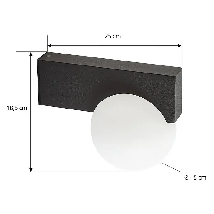 Lucande Außenwandleuchte Vijon - schwarz, IP44 - Schwarze, rechteckige Wandleuchte mit kugelförmigem, weißem Diffusor. Maße: 25x18,5 cm, Kugel-Ø 15 cm.