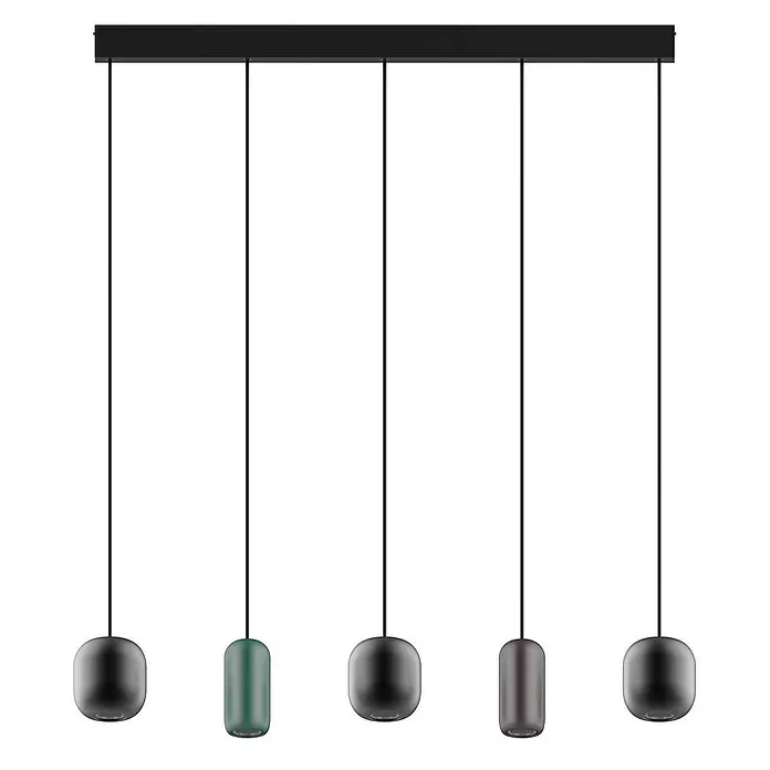 Lucande Pendelleuchte Narion - L x B x H: 102 x 12 x 16 cm, Multicolour, Schwarz matt, dunkelGrün matt, braun matt, GU10 - Fünf kapselförmige Pendelleuchten, vier rauchgrau, eine türkis, hängen von einer schwarzen linearen Deckenstange.