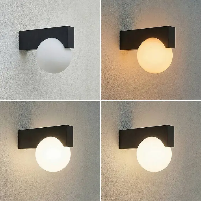 Lucande Außenwandleuchte Vijon - schwarz, IP44 - Schwarze rechteckige Wandleuchte mit weißem Kugel-Diffusor, die einstellbare Lichtfarben zeigt.