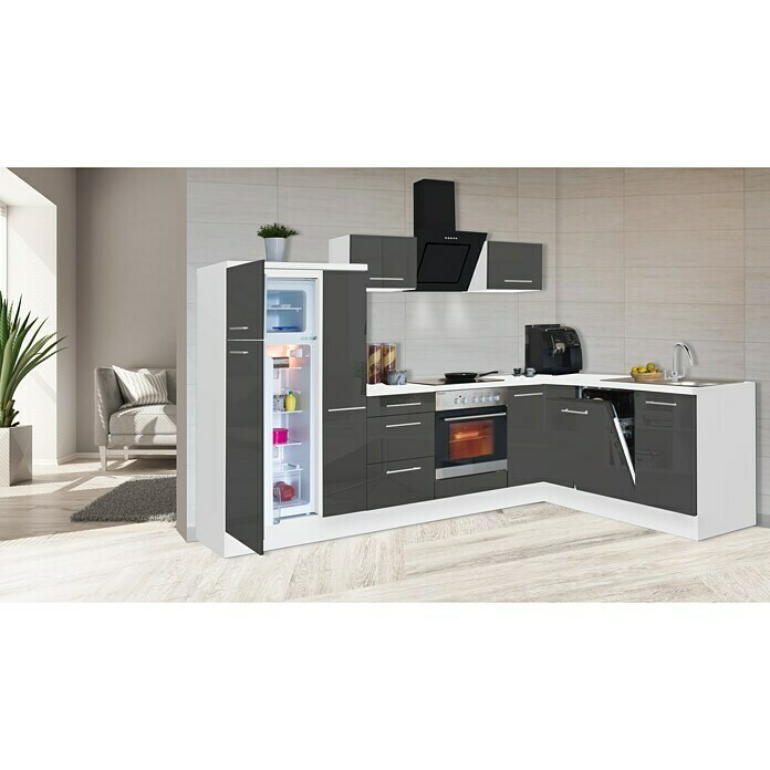 Respekta Premium Cocina esquinera (200 x 290 cm, Con dispositivos eléctricos, Gris de alto brillo)
