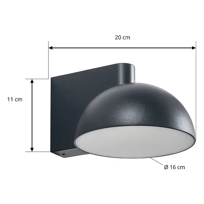 Lucande Außenwandleuchte Velira - schwarz, schwarz, IP54 - Dunkelgraue Wandleuchte mit kuppelförmigem Schirm und weißem Diffusor, Maße angegeben.