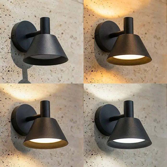 Lucande Außenwandleuchte Tabena - schwarz, schwarz, IP54 - Schwarze konische Wandleuchte an strukturierter Wand. Leuchte aus, an mit warmweißem und kaltweißem Licht.