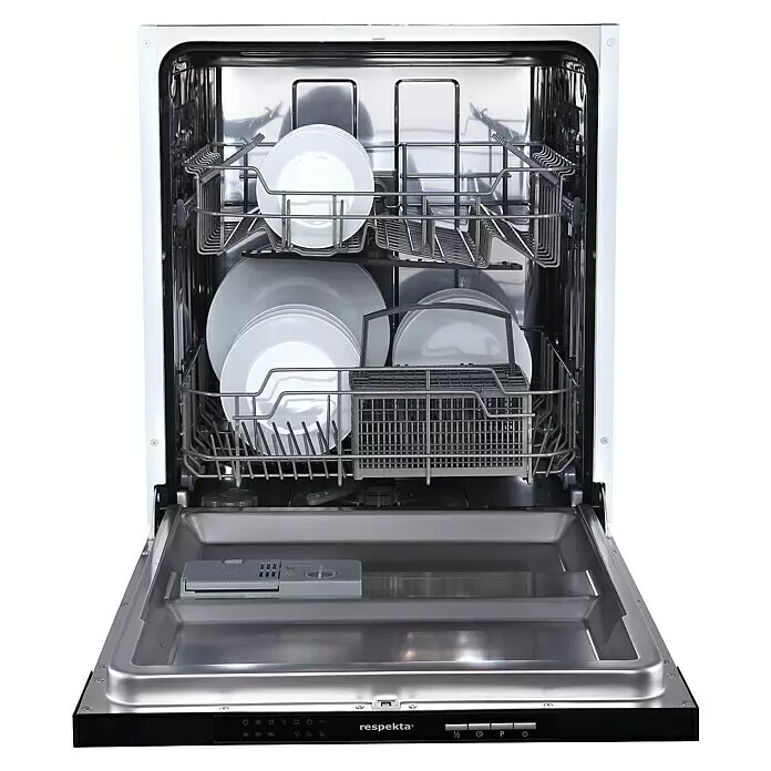 Respekta Premium Cocina esquinera Amanda - An x Pr: 290 x 200 cm, Blanco/Gris, Con electrodomésticos - Lavavajillas Respekta con la puerta abierta mostrando dos cestas con platos blancos, un cesto de cubiertos e interior de acero inoxidable.